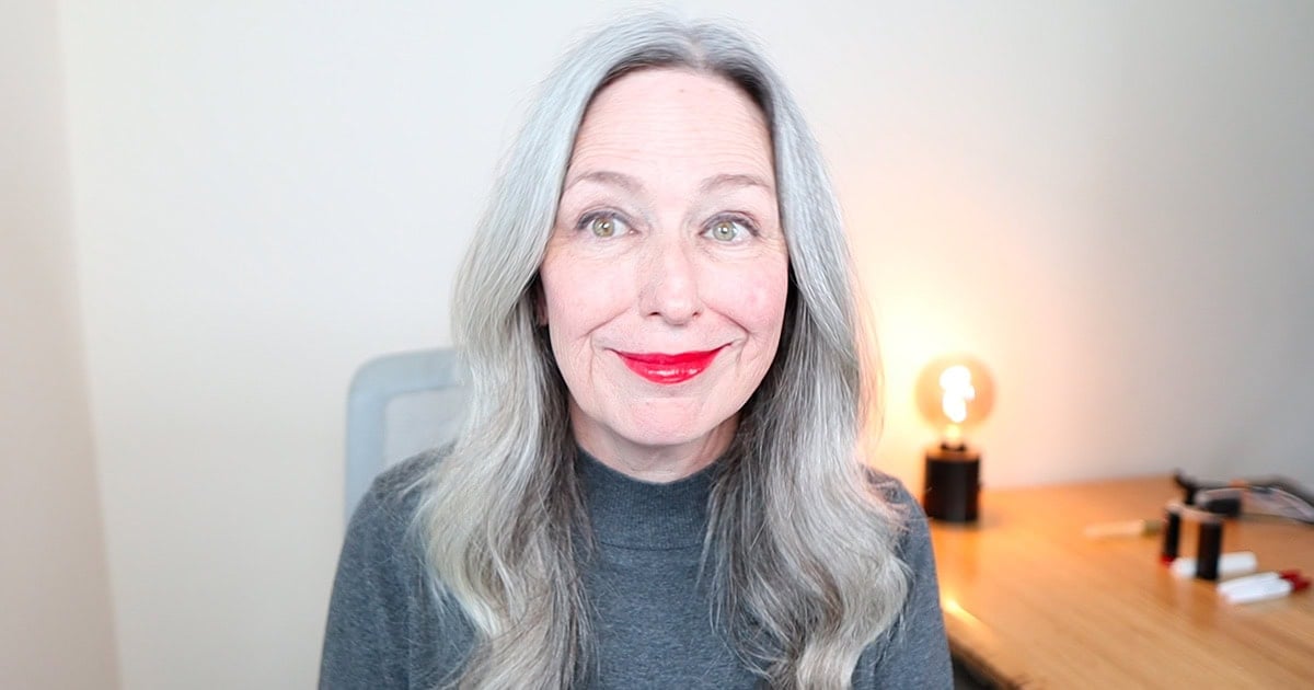 image of woman with silver hair wearing cover girl HOT lipstick