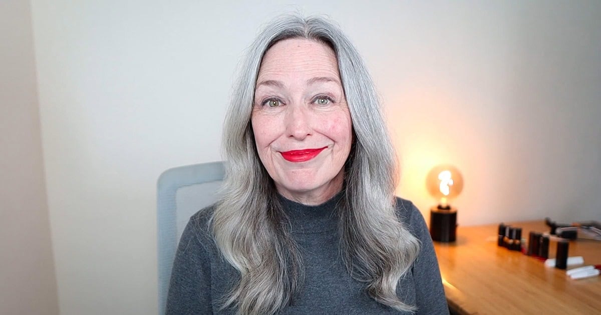 image of woman with gray hair wearing NARS Dragon Girl lipstick
