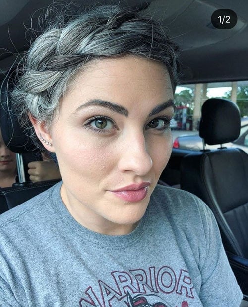 image of woman gray hair gray clothes