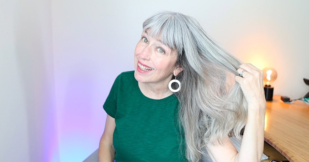 Katie's healthy silver hair after her gray hair routine