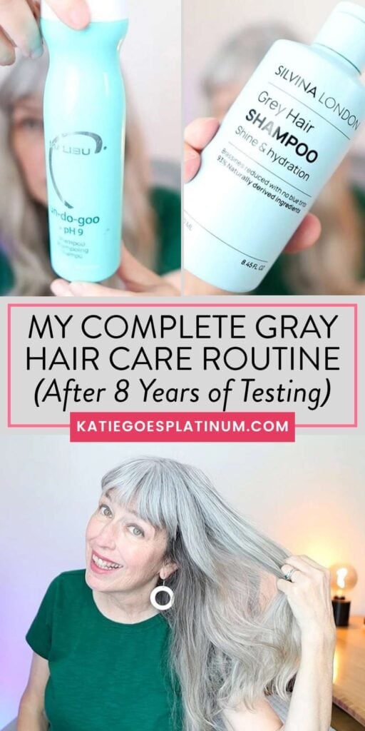 image of katie showing off favorite products and her shiny grey hair