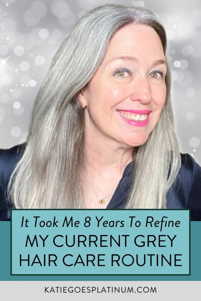 pinterest pin with image of katie and bright grey hair