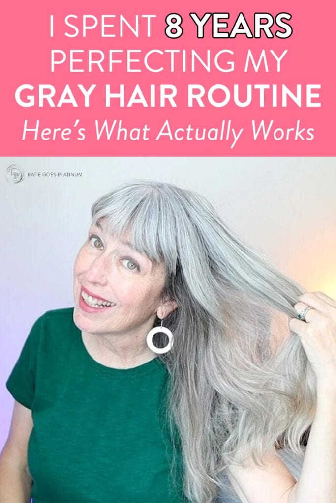 pinterest pin with image of katie showing off her long bright grey hair