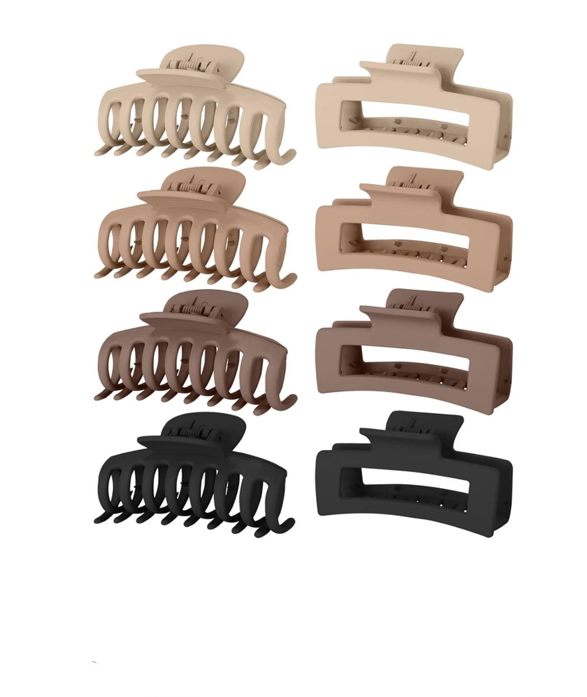 8 hair clips of various colors (black, brown, beige) against a white background