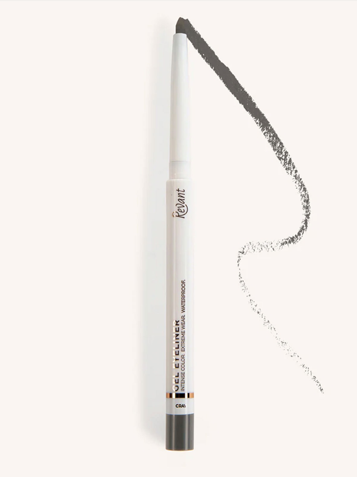 Revant Gel Eyeliner against a white background, with a smudge showing the gray color