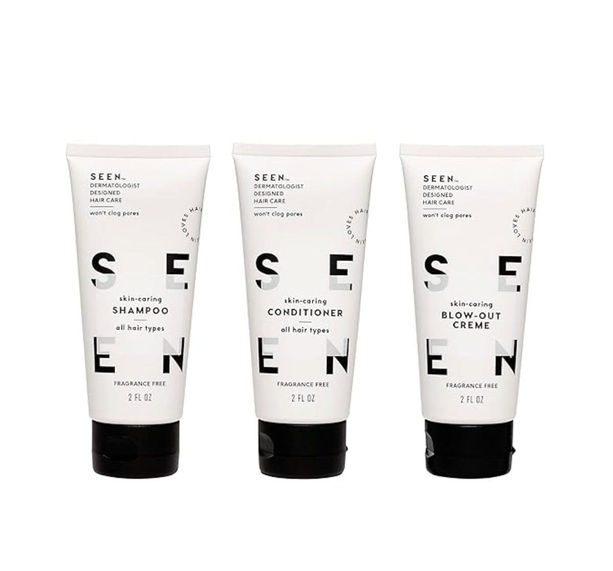 image of SEEN travel trio (3 small beige and black bottles) against a white background
