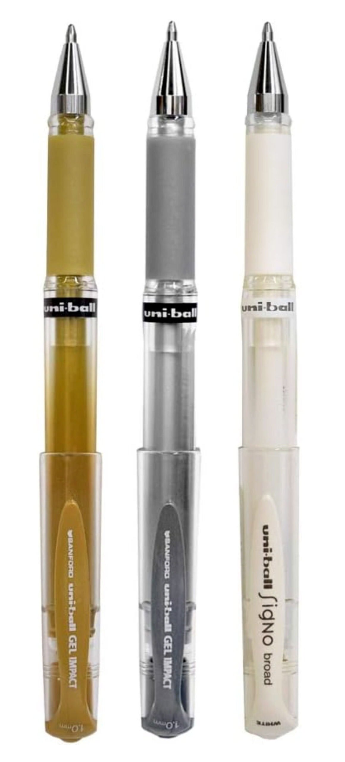 3 gel pens (white, gold, and silver) against a white background