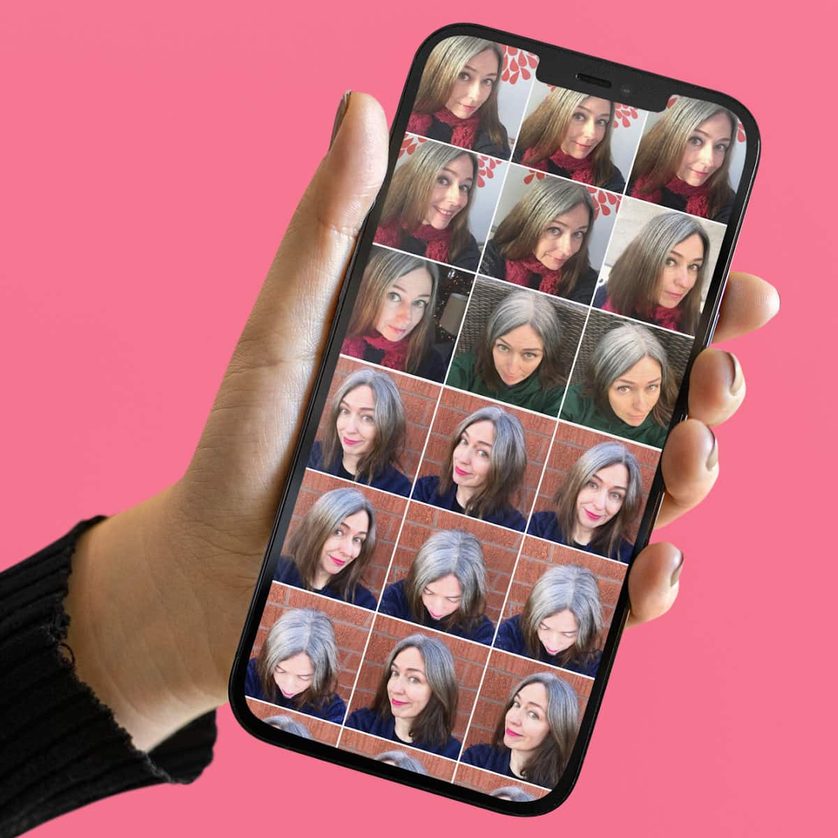 image of iphone with multiple pictures of gray haired woman against a pink background