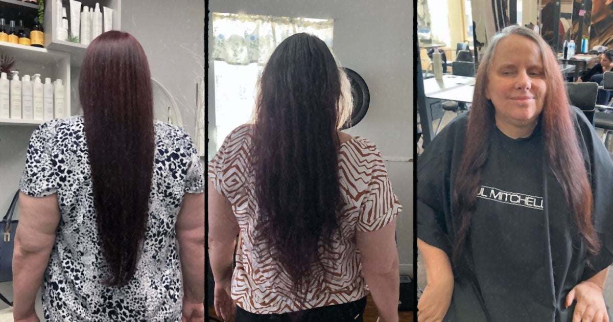 triptych image of the author's transition to gray hair