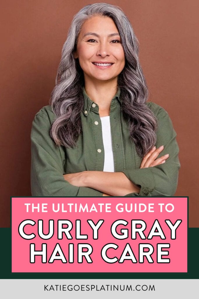 pinterest pin design with beautiful asian woman with curly gray hair looking confident