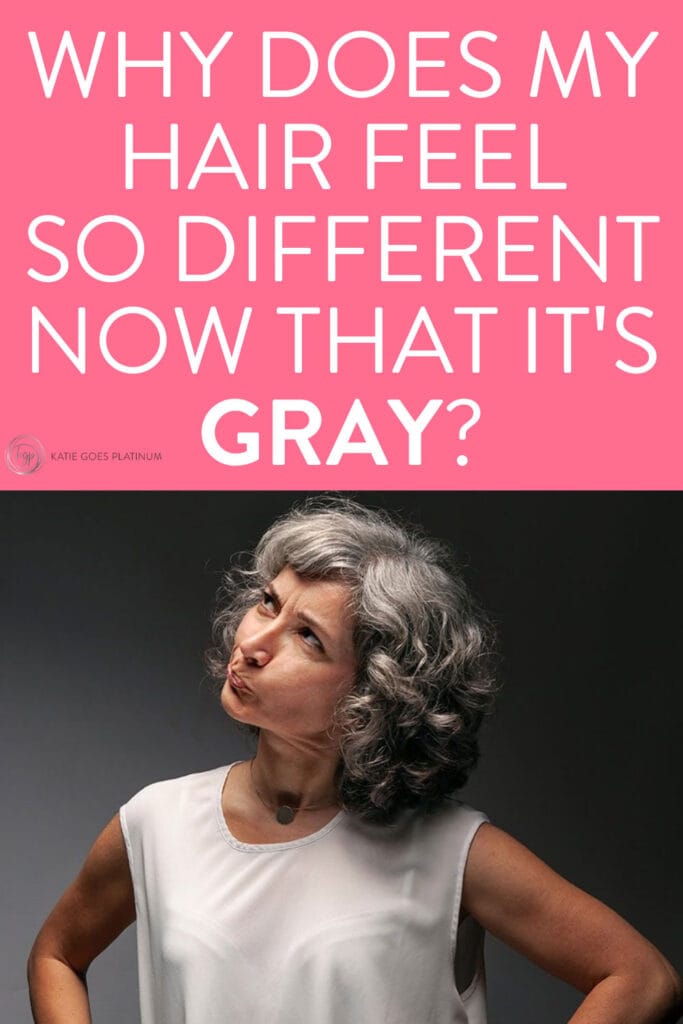 pinterest pin design of gray hair woman with curly hair thinking