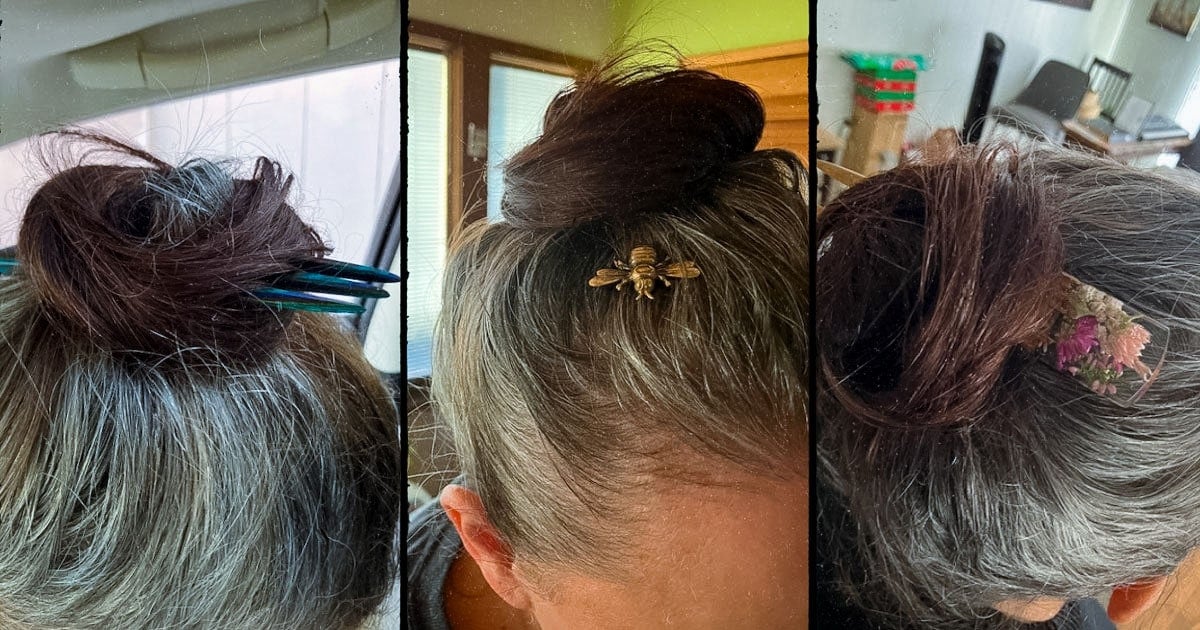 triptych image of the author's transitioning-to-gray hair with a variety of hair tools used to keep her bun in place