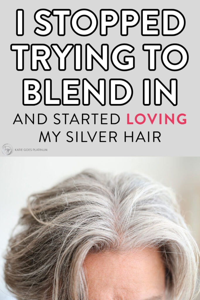 pinterest pin of a woman's gray hair and text about the joy of going gray