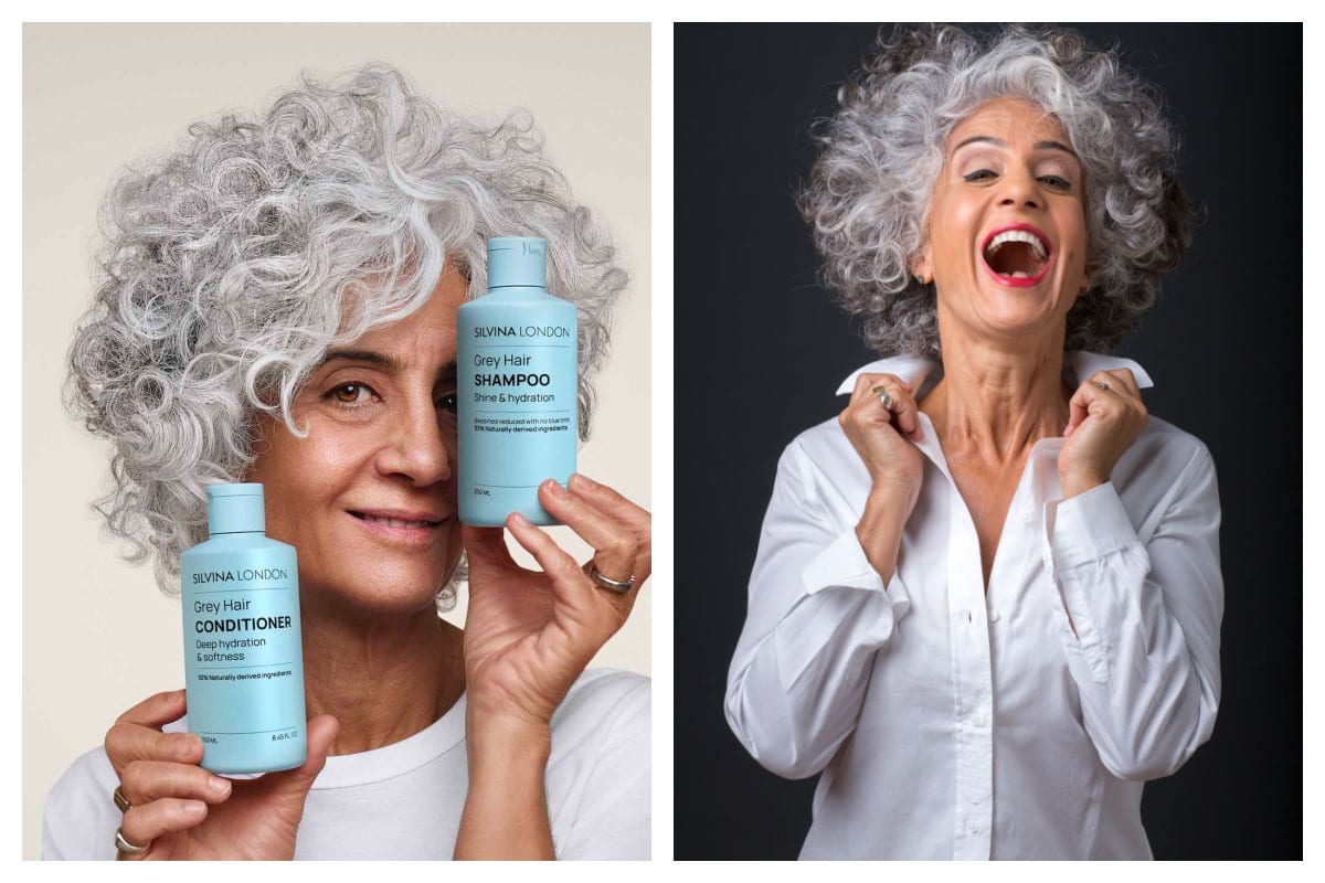 collage image showing silvina neder - a beautiful gray-haired woman - holding up bottles of her shampoo and conditioner