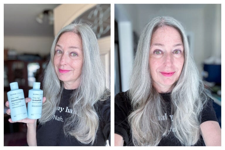 collage of images showing Katie holding bottles of silvina london shampoo and conditioner