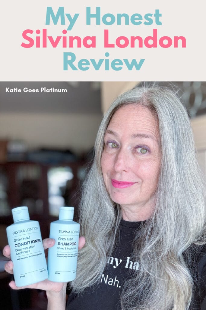pinterst pin image of katie holding up shampoo bottles with a title: My Honest Silvina London Review