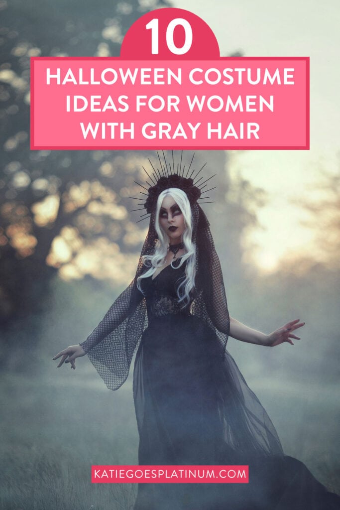 pinterest pin showing a scary zombie bride in a black dress with long white hair