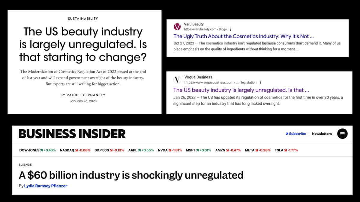 image of US headlines about unregulated beauty industry