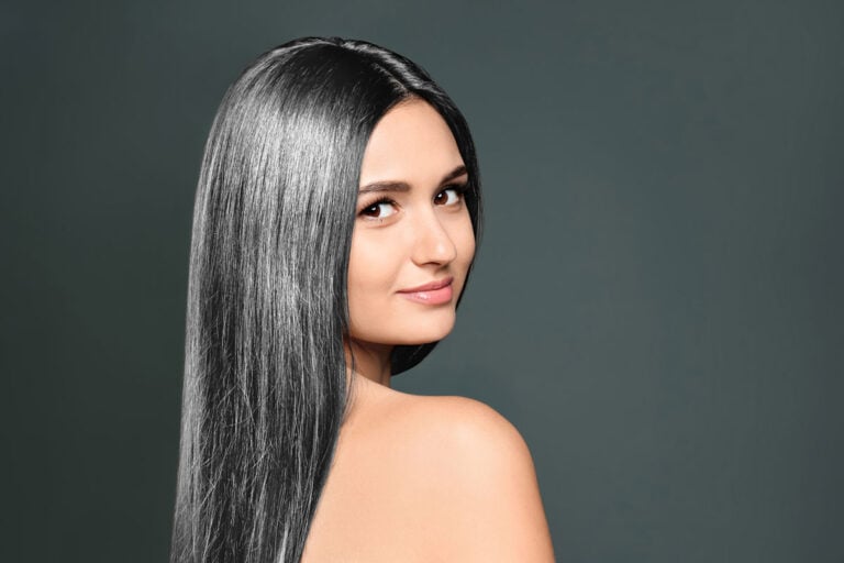 image of young woman with long gray hair