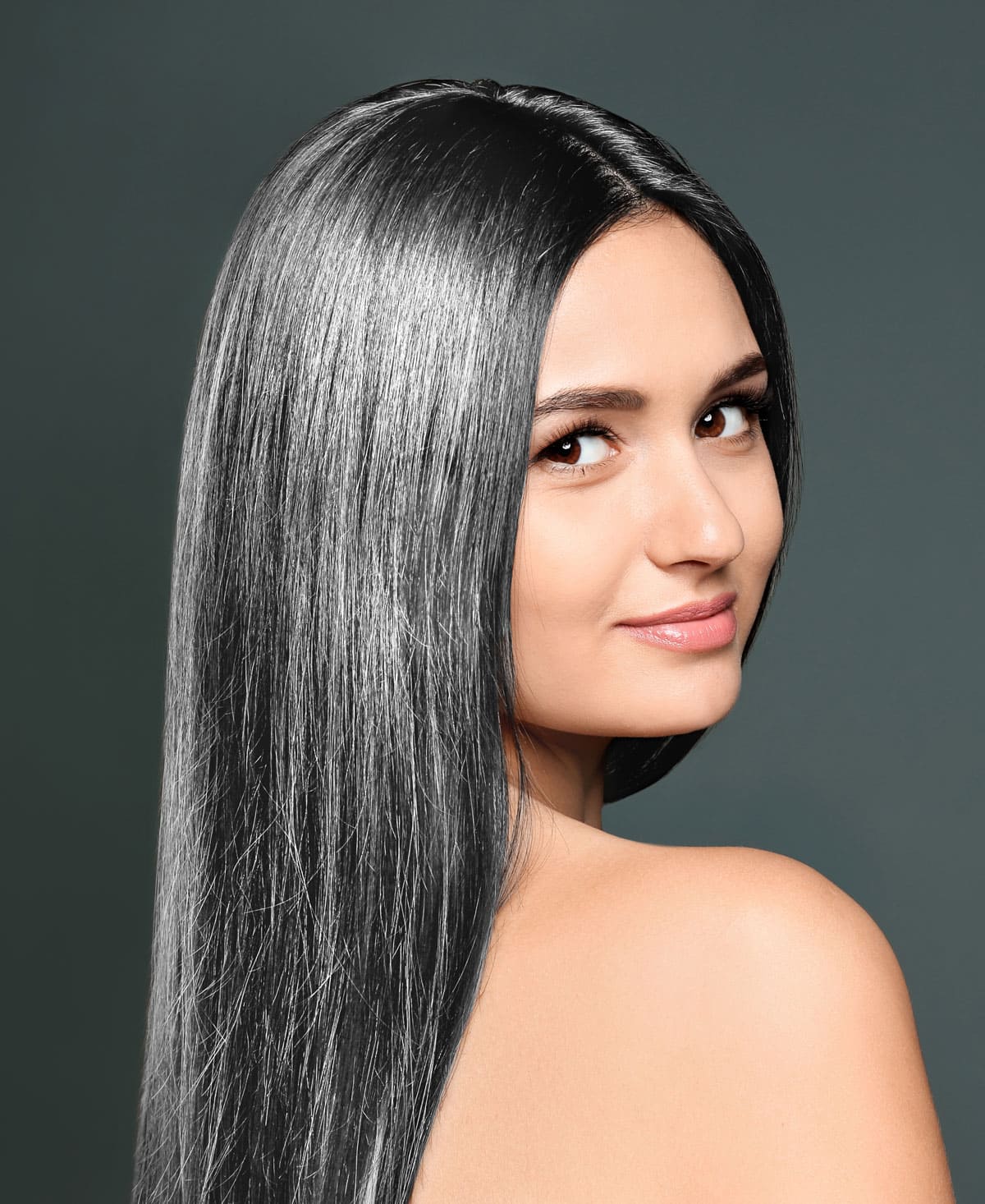 image of young woman with long gray hair