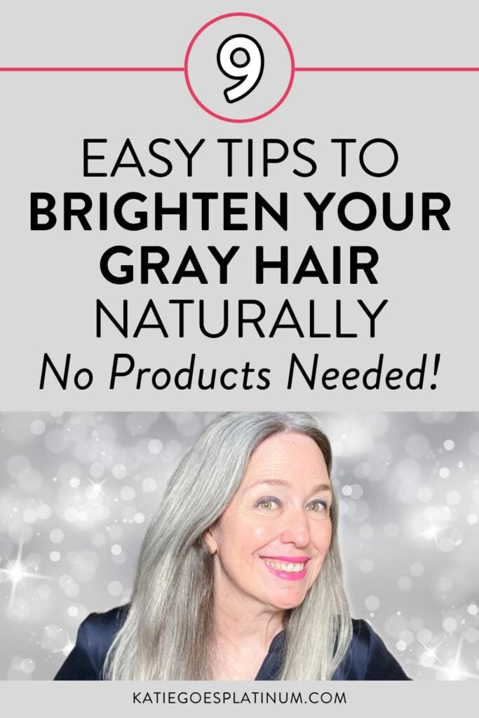 pinterest pin showing woman with bright silver hair against sparkly background