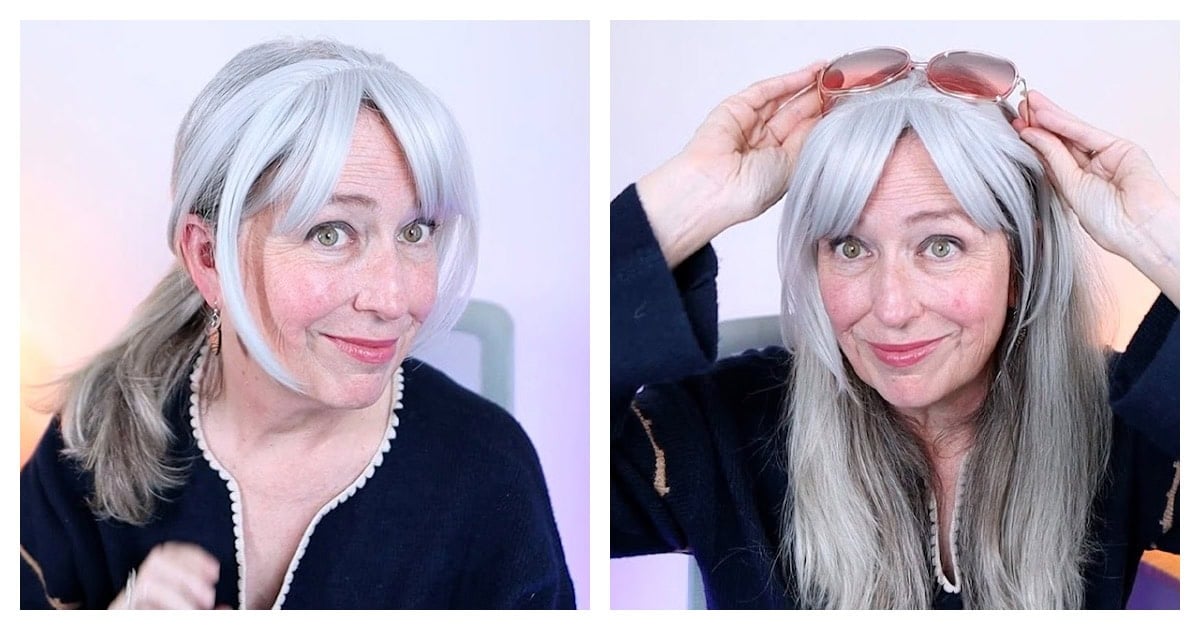 image of woman wearing wispy gray clip-on bangs