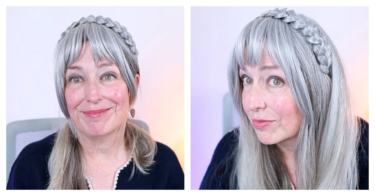 image of woman wearing a gray headband with clip-on bangs