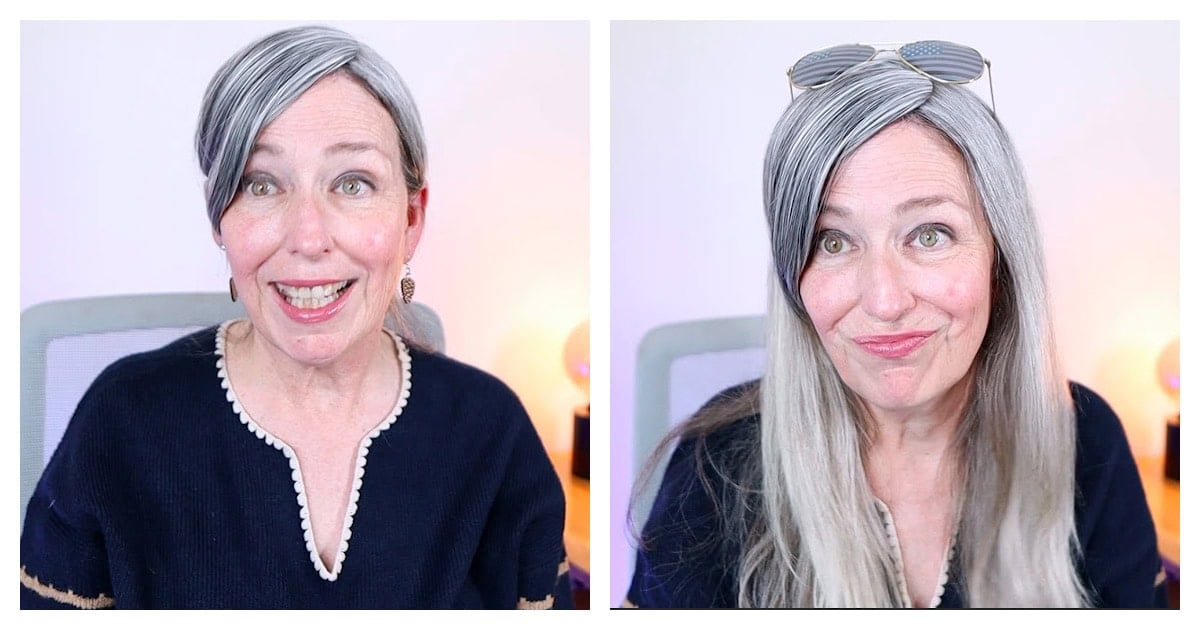 diptych image of woman with gray hair trying on clip-in side bangs