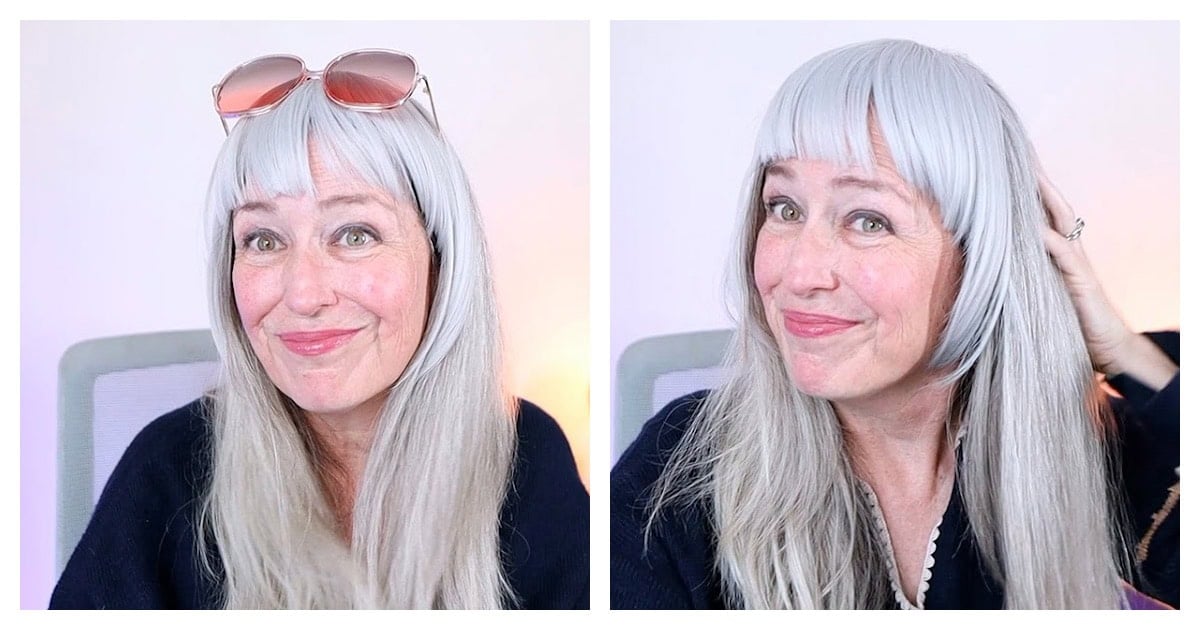 image of woman wearing French cut gray bangs
