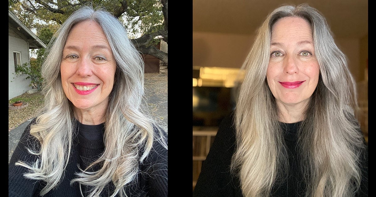 diptych image of woman with gray hair - on left she's in natural light and on right she's in artificial light