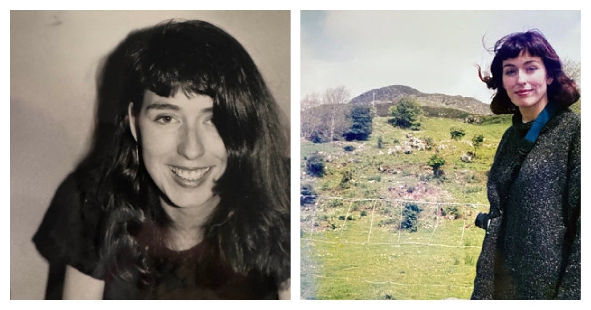 diptych image of katie as a young woman with dark hair and bangs