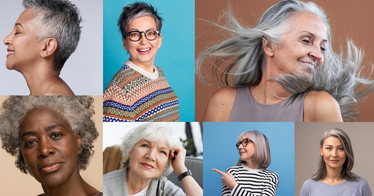 collage image of a lot of different women with gray hair