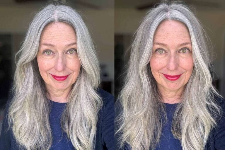 image of woman with gray hair before and after using optical filling powder