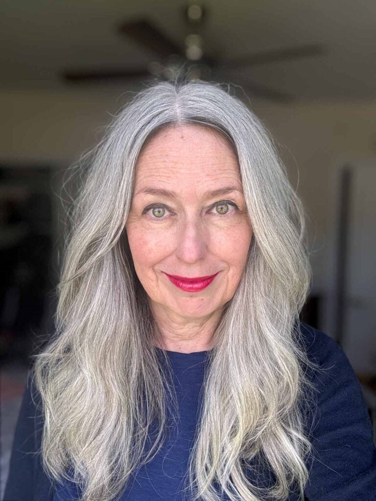image of katie after adding white silvering optical filler to her gray hair