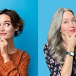 image of a woman with dyed hair and a woman with gray hair both looking thoughtful