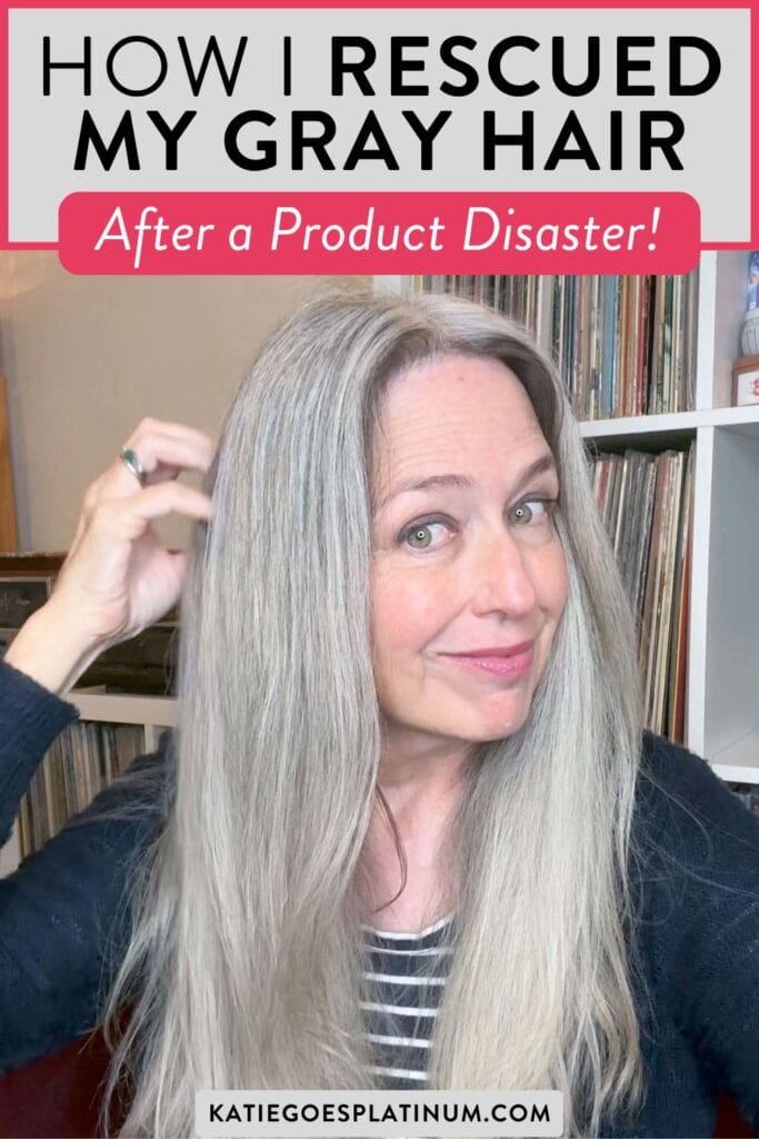 Pinterest pin showing an image of Katie's silky gray hair after using QuickSilverHair clay