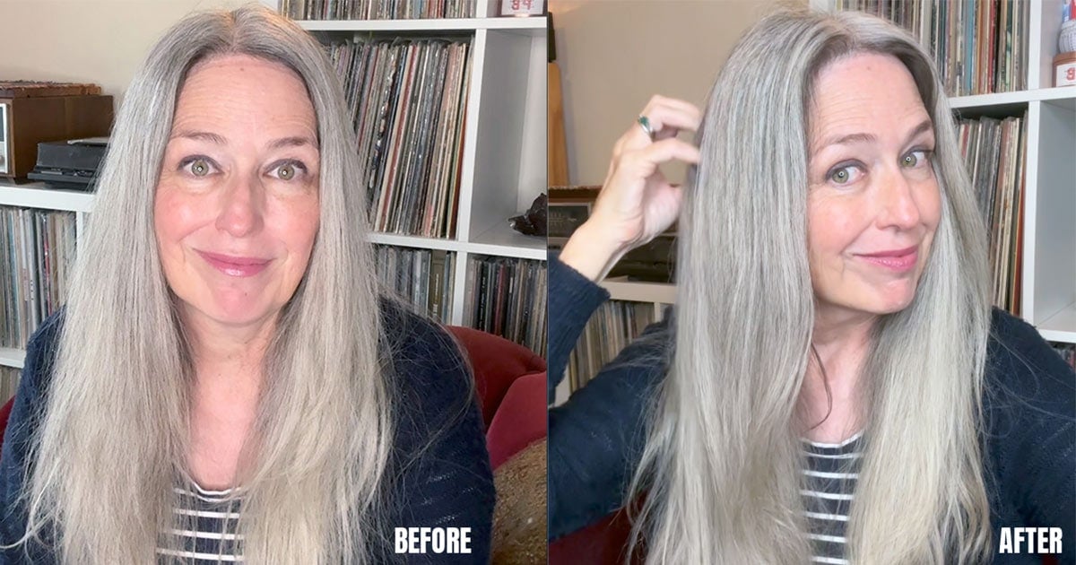 image of before and after katie used QSH clay on her gray hair