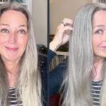 image of katie before and after fixing her gray hair by using a clay mask