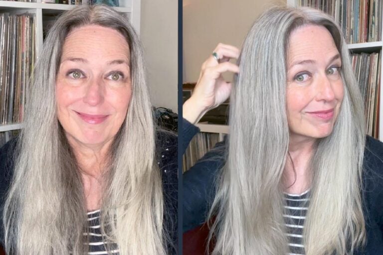 image of katie before and after fixing her gray hair by using a clay mask